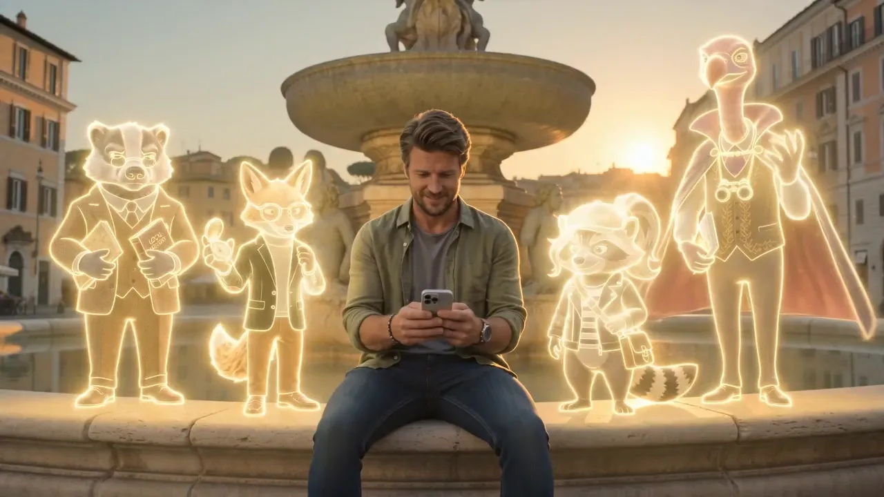 A traveller in a Rome piazza surrounded by iWander's glowing AI guide characters
